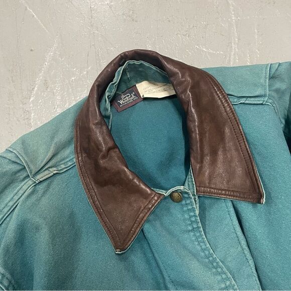 Vintage Woolrich Coat Women’s Made In USA Teal Chore Barn Leather Collar Large - Picture 7 of 8
